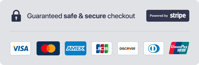 Guaranteed Safe and Secure Checkout with Stripe featuring Visa, MasterCard, American Express, JCB, Discover, Diners Club, and UnionPay logos