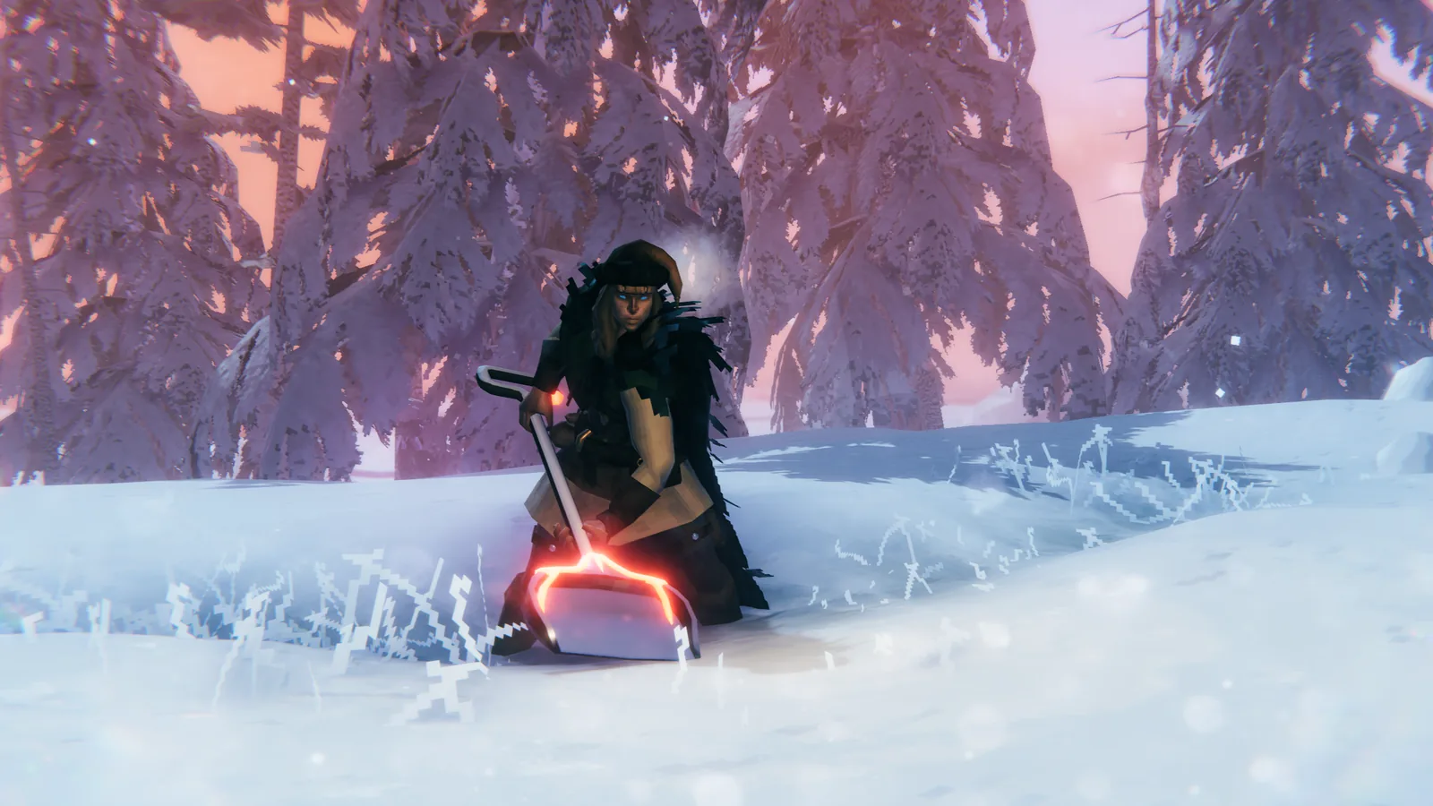 A Viking using a shovel to clear deep snow around a settlement