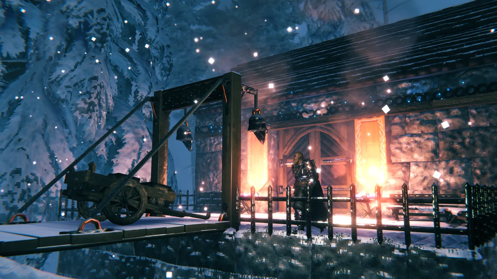 A raised wooden drawbridge protecting a fortified Valheim entrance