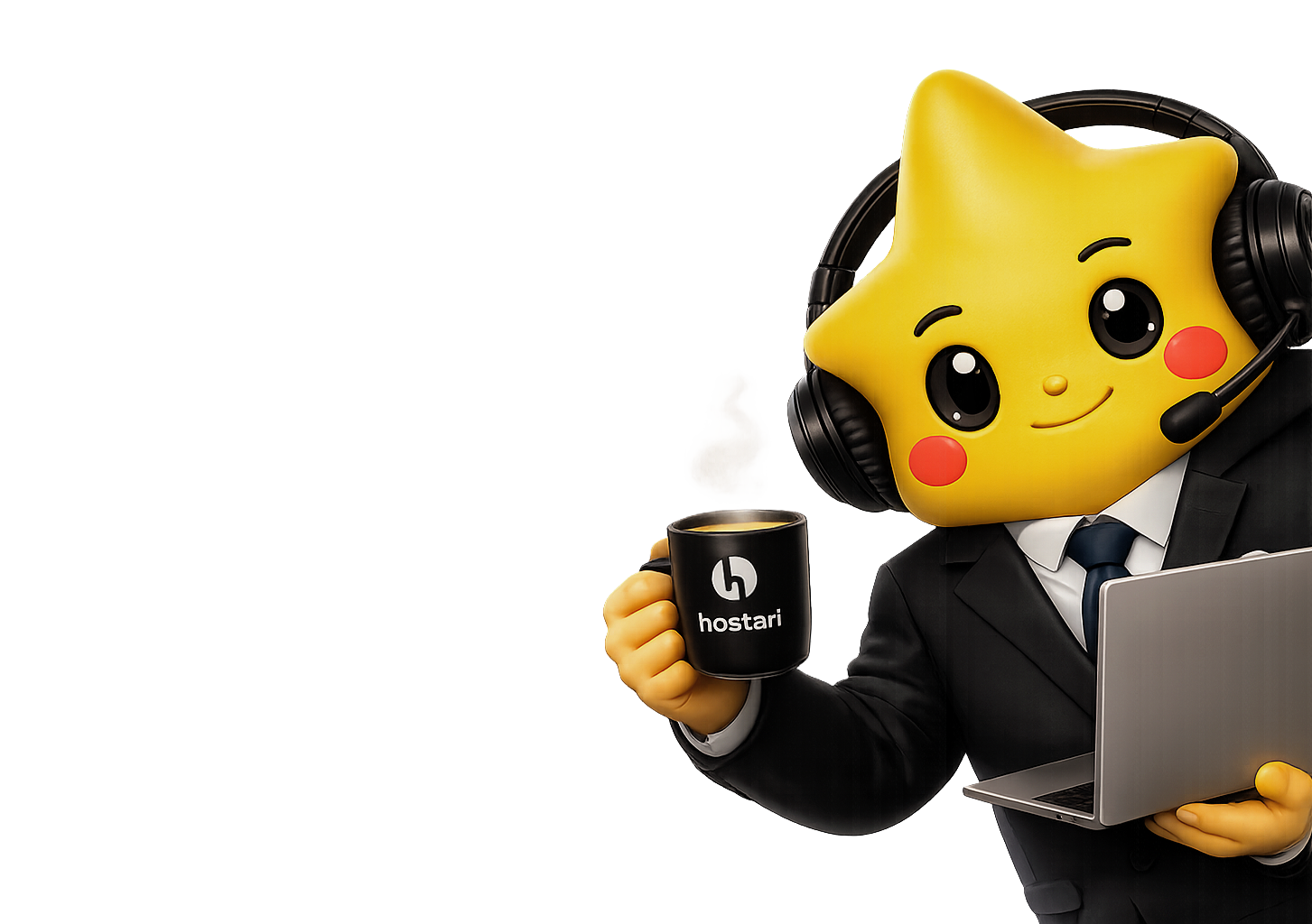 Hostari support mascot wearing a headset and holding a laptop and coffee