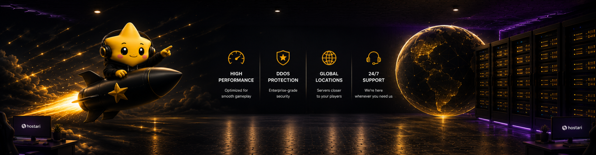 Hostari star mascot riding a rocket beside high performance, DDoS protection, global locations, and 24/7 support benefits