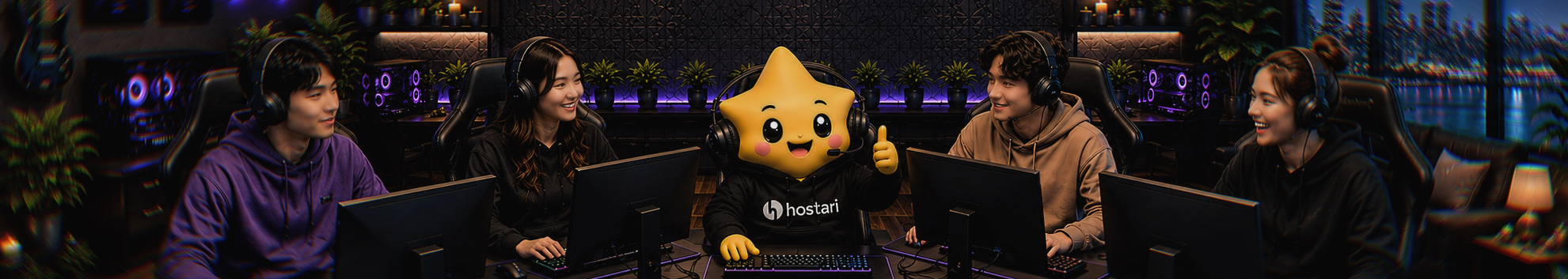 Hostari gaming team with the star mascot at a neon-lit gaming command center